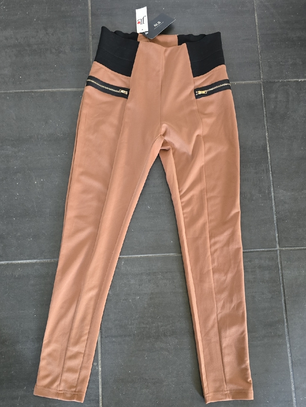 High-Waist Camel Ponte Leggings with Black Elastic Waistband, New!